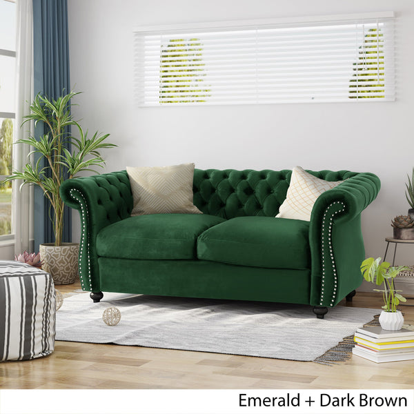 English Elm Christopher Knight Home® - LOVESEAT Plush Velvet Tufted Diamond Stitch with Nailhead Trim and Scrolled Arms for Luxe Comfort Emerald 63045.00NVLTEMD