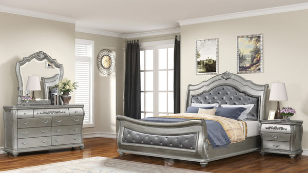 English Elm Destiny Traditional 4-Piece King Bedroom Set In Silver - Upholstered Crystal-Tufted Bed & Storage Solutions B009S01358