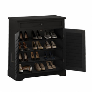 English Elm 16 Pair Shoe Cabinet Tall Freestanding Entryway Organizer with Drawer, Louvered Doors, Durable MDF Storage Black T3771P373139