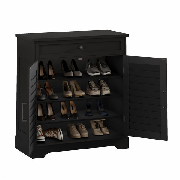 English Elm 16 Pair Shoe Cabinet Tall Freestanding Entryway Organizer with Drawer, Louvered Doors, Durable MDF Storage Black T3771P373139