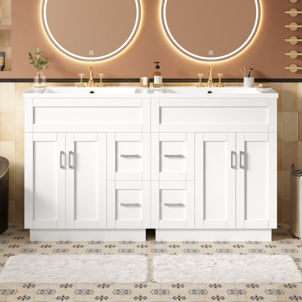English Elm [video] 60 Inch Dual Sink Bathroom Vanity with Soft Close Doors and Mdf Cabinet N729P000017K