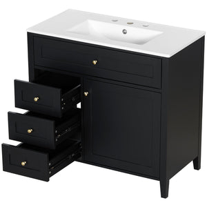 English Elm 36-Inch Black Bathroom Vanity With Sink – Modern Design, 3 Drawers, Adjustable Shelf For Storage N725P350821B