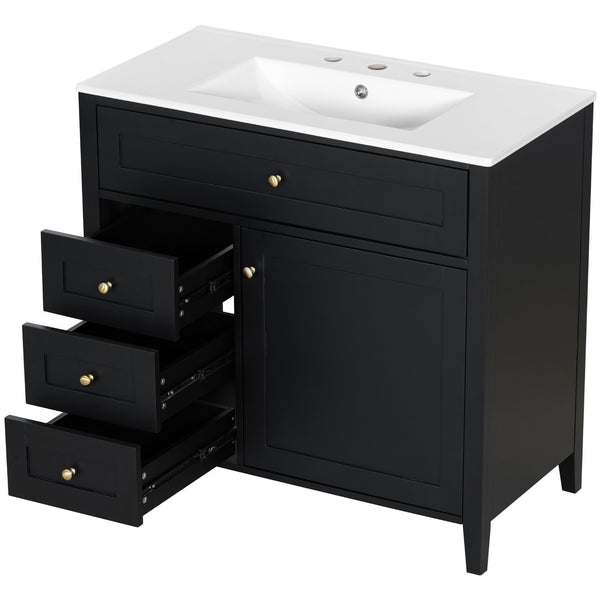English Elm 36-Inch Black Bathroom Vanity With Sink – Modern Design, 3 Drawers, Adjustable Shelf For Storage N725P350821B