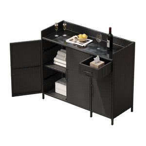 English Elm K&k Outdoor Wicker Bar Cabinet with Tempered Glass Top Adjustable Shelving and Drawer Black Brown N707P233745B