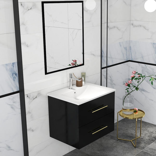 English Elm 24-Inch Modern Wall-Mounted Bathroom Vanity With Sink & Mirror, Elegant Gold Handles, 2 Drawers W3151S00037