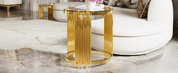English Elm Modern Round Mirrored Glass End Table with Gold Metal Frame and Lower Display Shelf Transparent N735P380092K