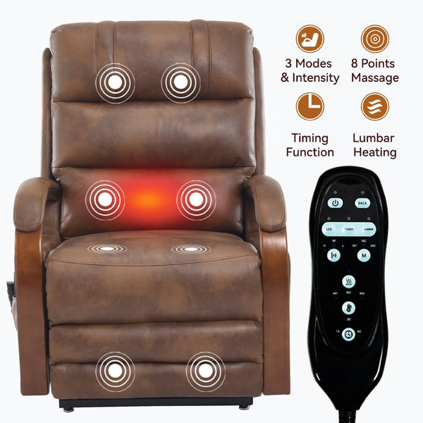 English Elm Power Lift Recliner with Dual Motor Heat Massage Leatheraire and Wood Armrests W1803S00078