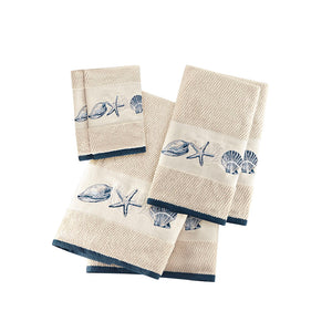 JLA Home Madison Park - Embroidered Cotton Jacquard 6-Piece Towel Set — Coastal Blue Seashell & Starfish Motif, Soft Absorbent MP73-4967