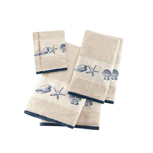 JLA Home Madison Park - Embroidered Cotton Jacquard 6-Piece Towel Set — Coastal Blue Seashell & Starfish Motif, Soft Absorbent MP73-4967