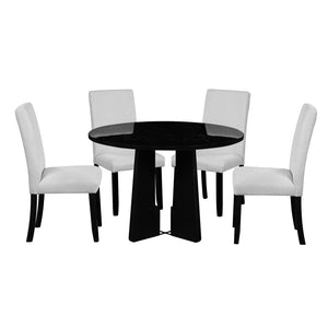 English Elm 5-Piece Round Dining Set with 43" Modern MDF Table and 4 Upholstered Fabric Chairs for Compact Spaces Beige+Black N752S001055A