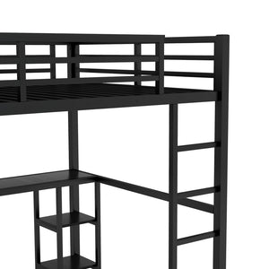English Elm Queen Size Loft Bed Frame With Integrated Wardrobe, Desk & Shelves - Space-Saving Black Design W1580S00105-GIGA
