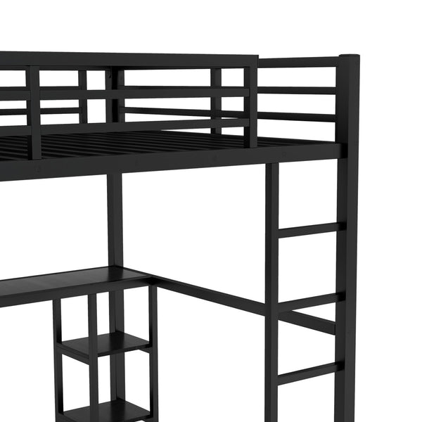 English Elm Queen Size Loft Bed Frame With Integrated Wardrobe, Desk & Shelves - Space-Saving Black Design W1580S00105-GIGA