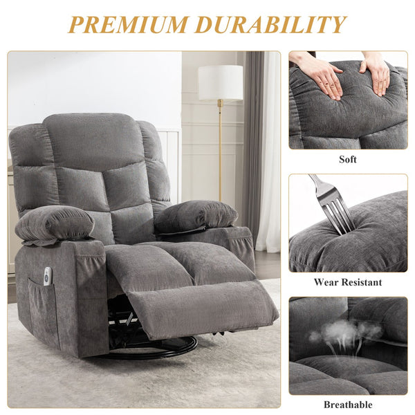 English Elm Oversized Swivel Recliner with Massage Heating Linen Upholstery and Usb Port Gray W1521P411670