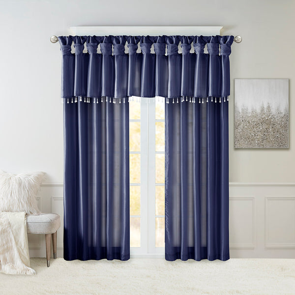 JLA Home Madison Park - Lightweight Faux Silk Valance with Beaded Hem, Lined Twist-Top Drapery for Privacy & Elegance Navy MP41-6320