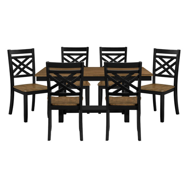 English Elm 2-tone Farmhouse Dining Set Seats Six with X-back Chairs and Open Storage Shelf B011S02212