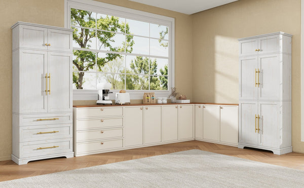 English Elm K&k Farmhouse Pantry Cabinet Tall Freestanding Kitchen Storage with Drawers Shelves White N707P356567W