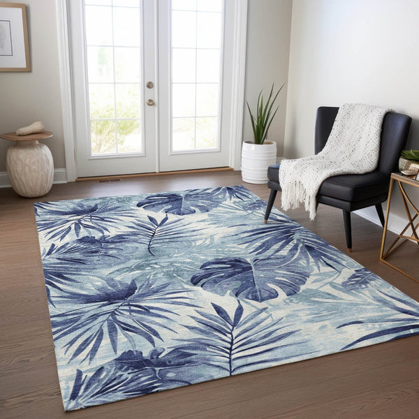 HomeRoots 5' Blue and Ivory Floral Area Rug - Durable, Washable Design for Indoor & Outdoor Spaces, 5' x 8' 624002
