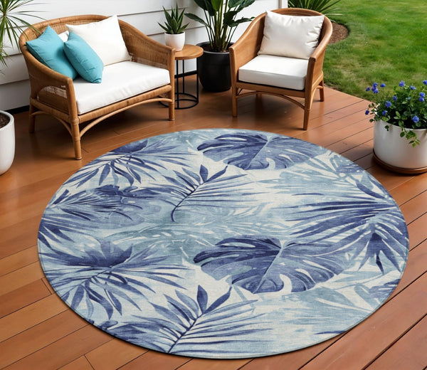 HomeRoots 8' Blue and Ivory Round Floral Rug - Durable, Washable, Perfect for Indoor and Outdoor Spaces! 624003