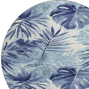 HomeRoots 8' Blue and Ivory Round Floral Rug - Durable, Washable, Perfect for Indoor and Outdoor Spaces! 624003
