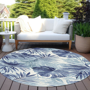 HomeRoots 8' Blue and Ivory Round Floral Rug - Durable, Washable, Perfect for Indoor and Outdoor Spaces! 624003