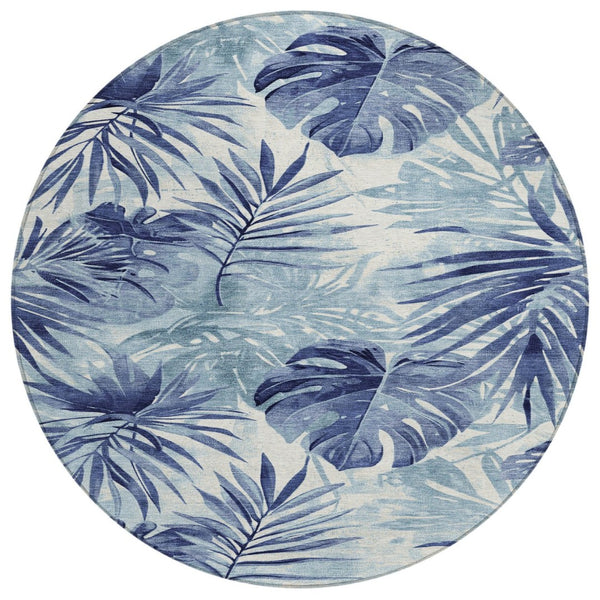 HomeRoots 8' Blue and Ivory Round Floral Rug - Durable, Washable, Perfect for Indoor and Outdoor Spaces! 624003