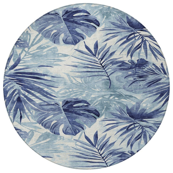 HomeRoots 8' Blue and Ivory Round Floral Rug - Durable, Washable, Perfect for Indoor and Outdoor Spaces! 624003
