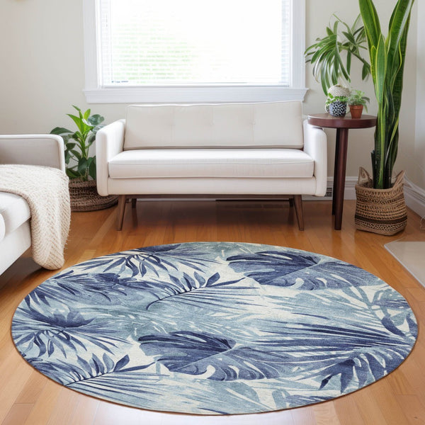 HomeRoots 8' Blue and Ivory Round Floral Rug - Durable, Washable, Perfect for Indoor and Outdoor Spaces! 624003
