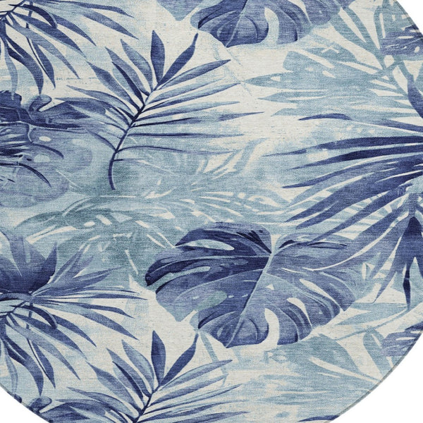 HomeRoots 8' Blue and Ivory Round Floral Rug - Durable, Washable, Perfect for Indoor and Outdoor Spaces! 624003