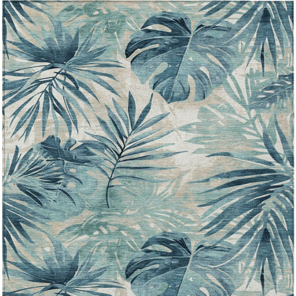HomeRoots 5' Teal Blue and Ivory Floral Area Rug – Washable, Durable, Indoor/Outdoor Perfect for High-Traffic Spaces 624008