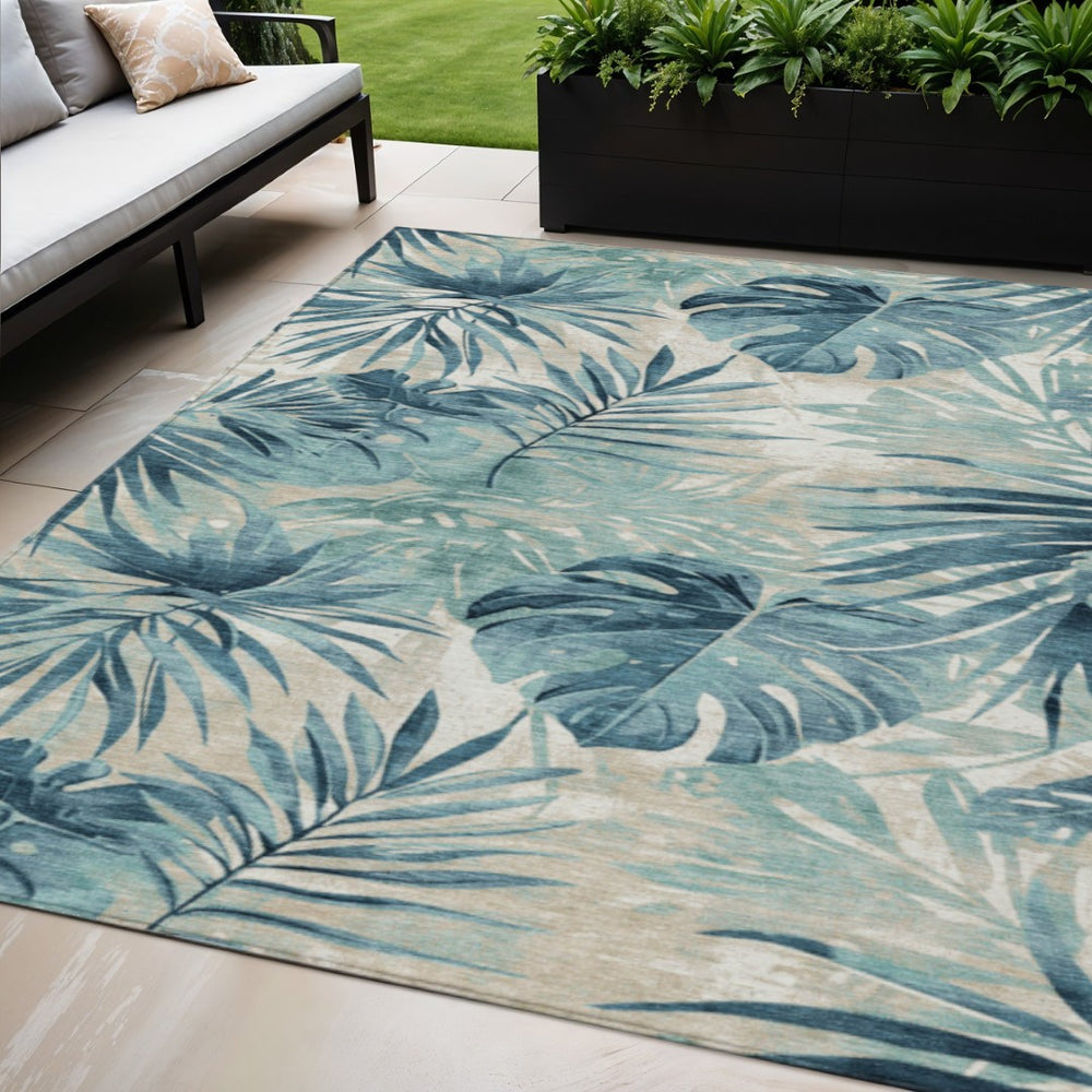 HomeRoots 5' Teal Blue and Ivory Floral Area Rug – Washable, Durable, Indoor/Outdoor Perfect for High-Traffic Spaces 624008