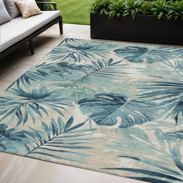 HomeRoots 5' Teal Blue and Ivory Floral Area Rug – Washable, Durable, Indoor/Outdoor Perfect for High-Traffic Spaces 624008