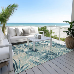 HomeRoots 5' Teal Blue and Ivory Floral Area Rug – Washable, Durable, Indoor/Outdoor Perfect for High-Traffic Spaces 624008