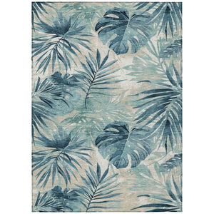 HomeRoots 5' Teal Blue and Ivory Floral Area Rug – Washable, Durable, Indoor/Outdoor Perfect for High-Traffic Spaces 624008