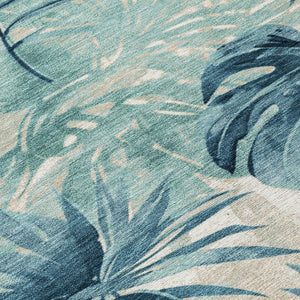 HomeRoots 5' Teal Blue and Ivory Floral Area Rug – Washable, Durable, Indoor/Outdoor Perfect for High-Traffic Spaces 624008