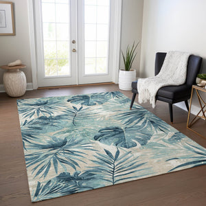 HomeRoots 5' Teal Blue and Ivory Floral Area Rug – Washable, Durable, Indoor/Outdoor Perfect for High-Traffic Spaces 624008