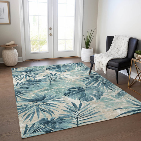 HomeRoots 5' Teal Blue and Ivory Floral Area Rug – Washable, Durable, Indoor/Outdoor Perfect for High-Traffic Spaces 624008