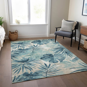 HomeRoots 5' Teal Blue and Ivory Floral Area Rug – Washable, Durable, Indoor/Outdoor Perfect for High-Traffic Spaces 624008