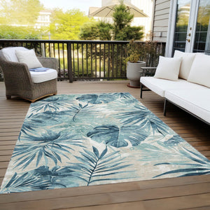 HomeRoots 5' Teal Blue and Ivory Floral Area Rug – Washable, Durable, Indoor/Outdoor Perfect for High-Traffic Spaces 624008