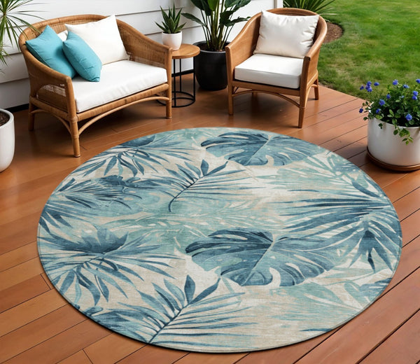 HomeRoots 8' Teal Blue and Ivory Round Floral Rug - Durable, Washable Area Rug for Indoor & Outdoor Use 624009