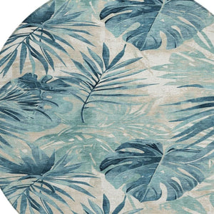 HomeRoots 8' Teal Blue and Ivory Round Floral Rug - Durable, Washable Area Rug for Indoor & Outdoor Use 624009