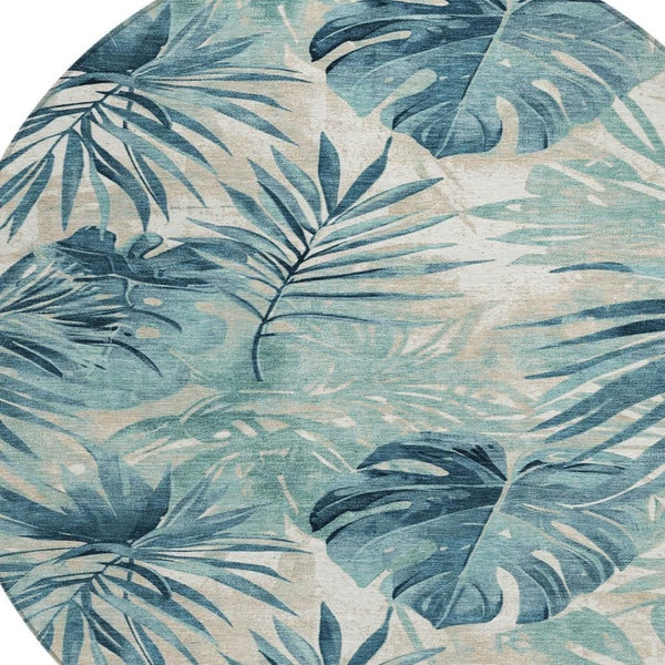 HomeRoots 8' Teal Blue and Ivory Round Floral Rug - Durable, Washable Area Rug for Indoor & Outdoor Use 624009
