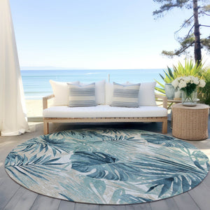 HomeRoots 8' Teal Blue and Ivory Round Floral Rug - Durable, Washable Area Rug for Indoor & Outdoor Use 624009