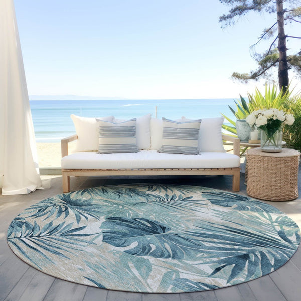 HomeRoots 8' Teal Blue and Ivory Round Floral Rug - Durable, Washable Area Rug for Indoor & Outdoor Use 624009