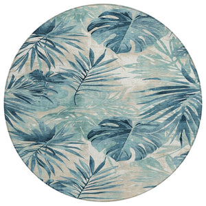 HomeRoots 8' Teal Blue and Ivory Round Floral Rug - Durable, Washable Area Rug for Indoor & Outdoor Use 624009