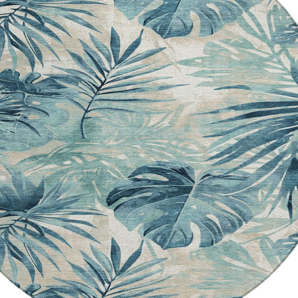 HomeRoots 8' Teal Blue and Ivory Round Floral Rug - Durable, Washable Area Rug for Indoor & Outdoor Use 624009
