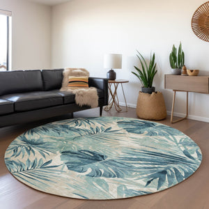 HomeRoots 8' Teal Blue and Ivory Round Floral Rug - Durable, Washable Area Rug for Indoor & Outdoor Use 624009