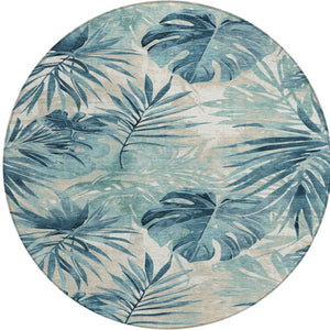 HomeRoots 8' Teal Blue and Ivory Round Floral Rug - Durable, Washable Area Rug for Indoor & Outdoor Use 624009