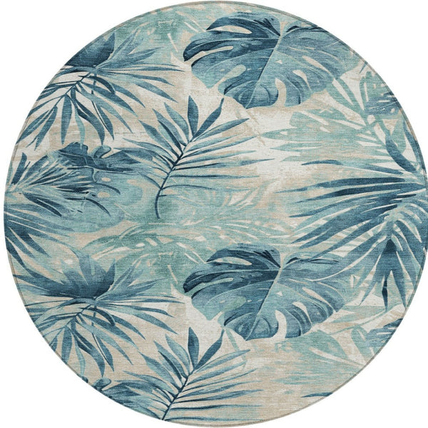 HomeRoots 8' Teal Blue and Ivory Round Floral Rug - Durable, Washable Area Rug for Indoor & Outdoor Use 624009