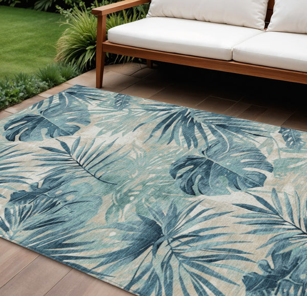 HomeRoots 8' X 10' Teal Blue Floral Area Rug - Stylish, Washable Design for Indoor & Outdoor Spaces, Durable! 624010