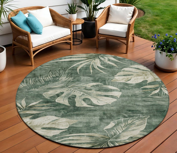 HomeRoots 8' Stylish Fern Green & Sage Round Floral Washable Rug for Indoor/Outdoor Spaces - Durable & Chic! 624027